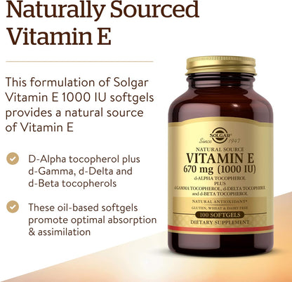 Solgar Vitamin E 670 Mg (1000 IU), 100 Mixed Softgels - Natural Antioxidant, Skin & Immune System Support - Naturally-Sourced Vitamin E - Gluten Free, Dairy Free - 100 Servings