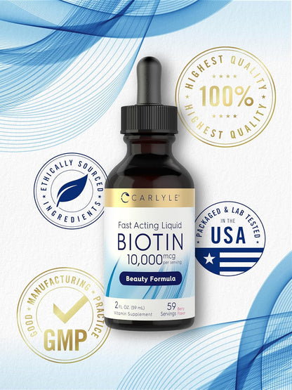 Carlyle Liquid Biotin 10000Mcg | 2 Oz | Extra Strength Drops | Vegetarian, Non-Gmo, Gluten Free Supplement