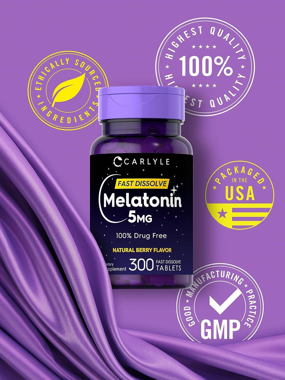Carlyle Melatonin 5 Mg Fast Dissolve 300 Tablets | Berry Flavor | Vegetarian, Non-Gmo Supplement