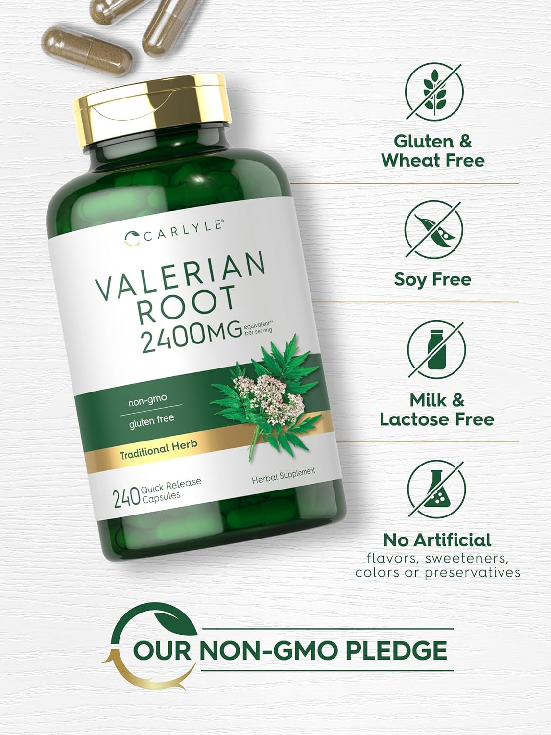 Carlyle Valerian Root Capsules 2400Mg | 240 Count | Herb Extract Supplement | Non-Gmo, Gluten Free