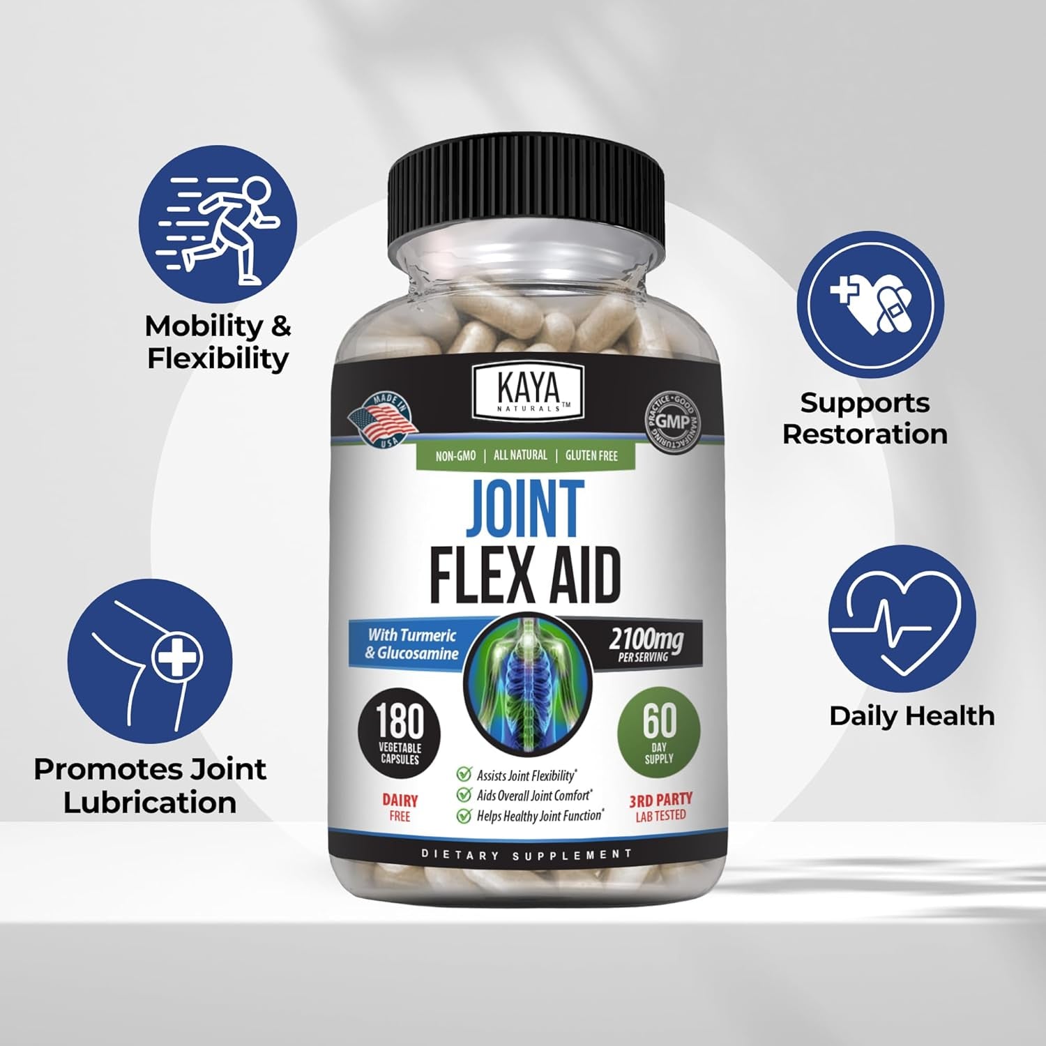 Naturals Flex Aid - Mobility Support Supplement for Men and Women - Turmeric Capsules with Glucosamine Sulfate, Boswellia Serrata and MSM - for Knee Support and Mobility Health - 180 Count