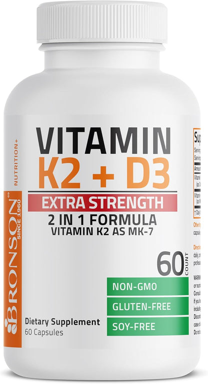 Bronson Vitamin K2 (MK7) with D3 Extra Strength Supplement Bone Health Non-Gmo Formula 10,000 IU & 120 Mcg MK-7 Easy to Swallow D K, 60 Capsules