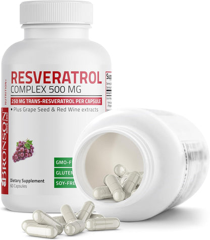 Bronson Resveratrol 500 Complex Standardized Trans-Resveratrol + Grape Seed & Red Wine Extract, 60 Capsules