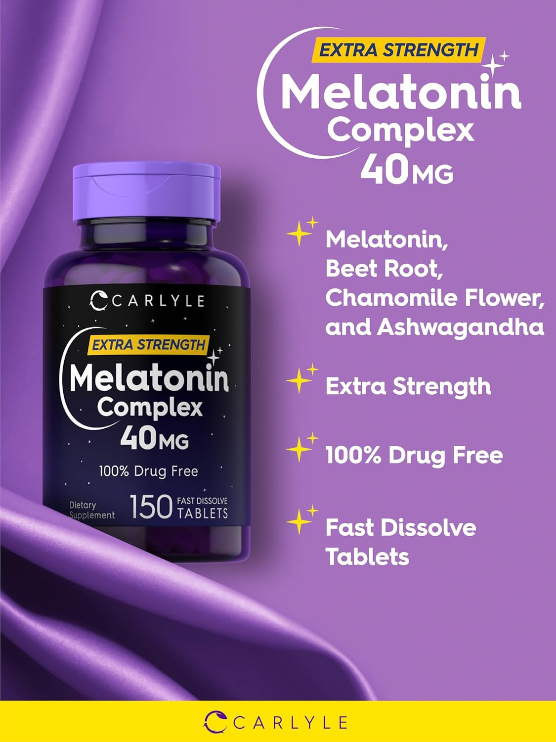Carlyle Melatonin 40Mg Complex | 150 Fast Dissolve Tablets | Extra Strength Support | with Ashwagandha and Chamomile | Vegetarian, Non-Gmo, Gluten Free Supplement