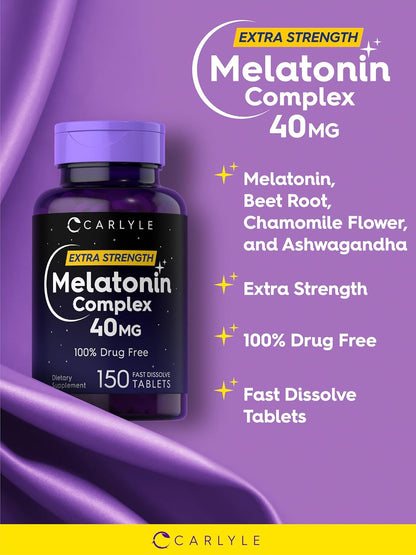 Carlyle Melatonin 40Mg Complex | 150 Fast Dissolve Tablets | Extra Strength Support | with Ashwagandha and Chamomile | Vegetarian, Non-Gmo, Gluten Free Supplement