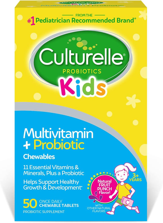 Culturelle Kids Complete Chewable Multivitamin + Probiotic for Kids, Ages 3+, 50 Count, Digestive Health, Oral Health & Immune Support - with 11 Vitamins & Minerals, Including Vitamin C, D3 & Zinc