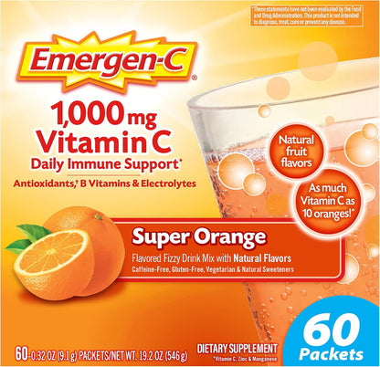 Emergen-C 1000Mg Vitamin C Powder for Daily Immune Support Caffeine Free Vitamin C Supplements with Zinc and Manganese, B Vitamins and Electrolytes, Super Orange Flavor - 60 Count/2 Month Supply