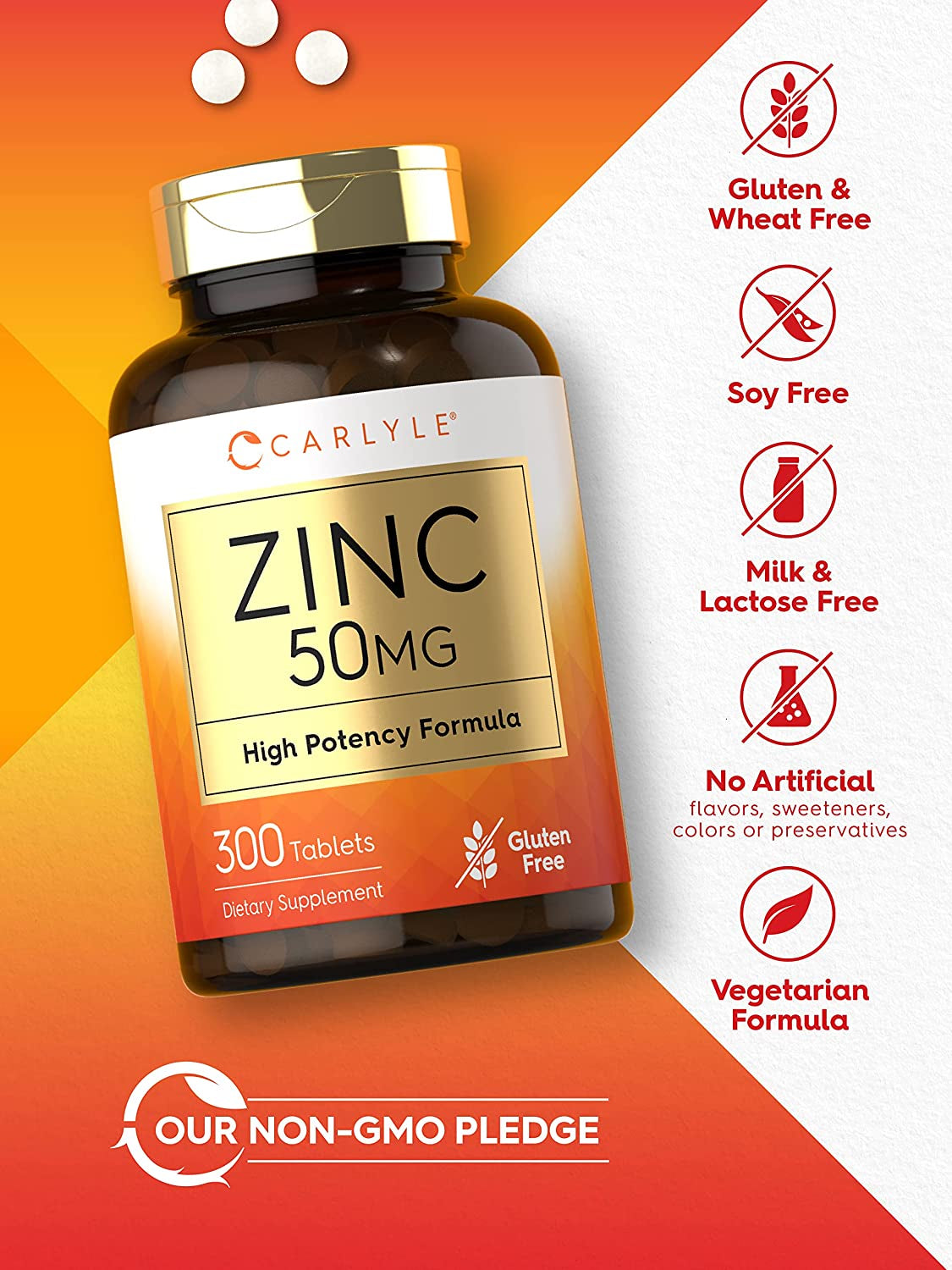 Carlyle Zinc 50Mg | 300 Tablets | Vegetarian, Non-Gmo, and Gluten Free Supplement | Zinc Gluconate | High  Formula