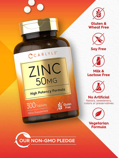 Carlyle Zinc 50Mg | 300 Tablets | Vegetarian, Non-Gmo, and Gluten Free Supplement | Zinc Gluconate | High  Formula