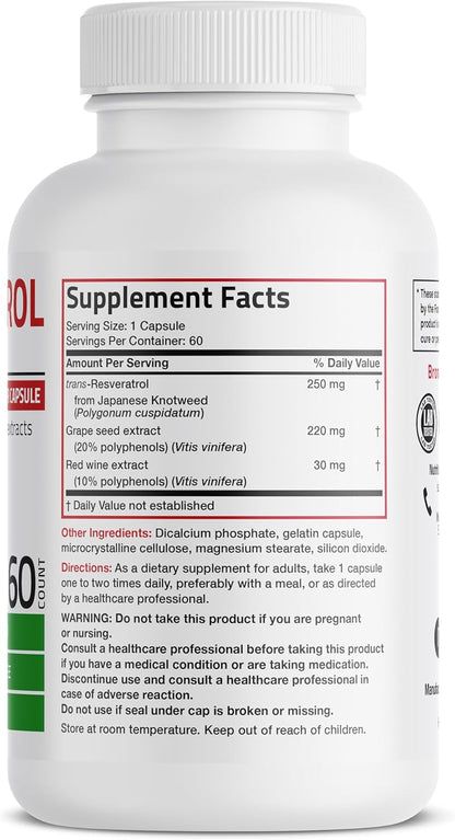 Bronson Resveratrol 500 Complex Standardized Trans-Resveratrol + Grape Seed & Red Wine Extract, 60 Capsules