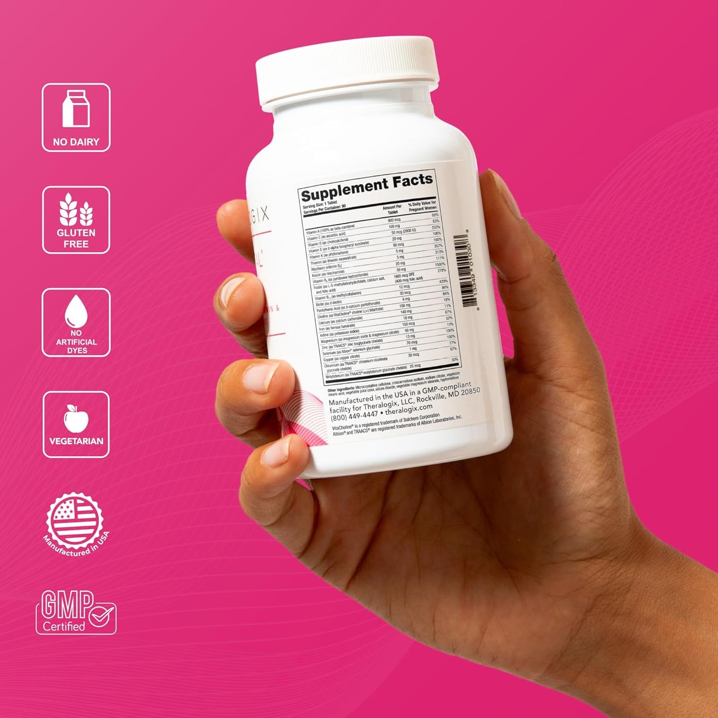 Theralogix Theranatal Core Preconception Vitamin Supplement - 90-Day Supply - Prenatal Vitamins & Fertility Supplement for Women with Folate, Vitamin D3, Choline & More* - NSF Certified - 90 Tablets