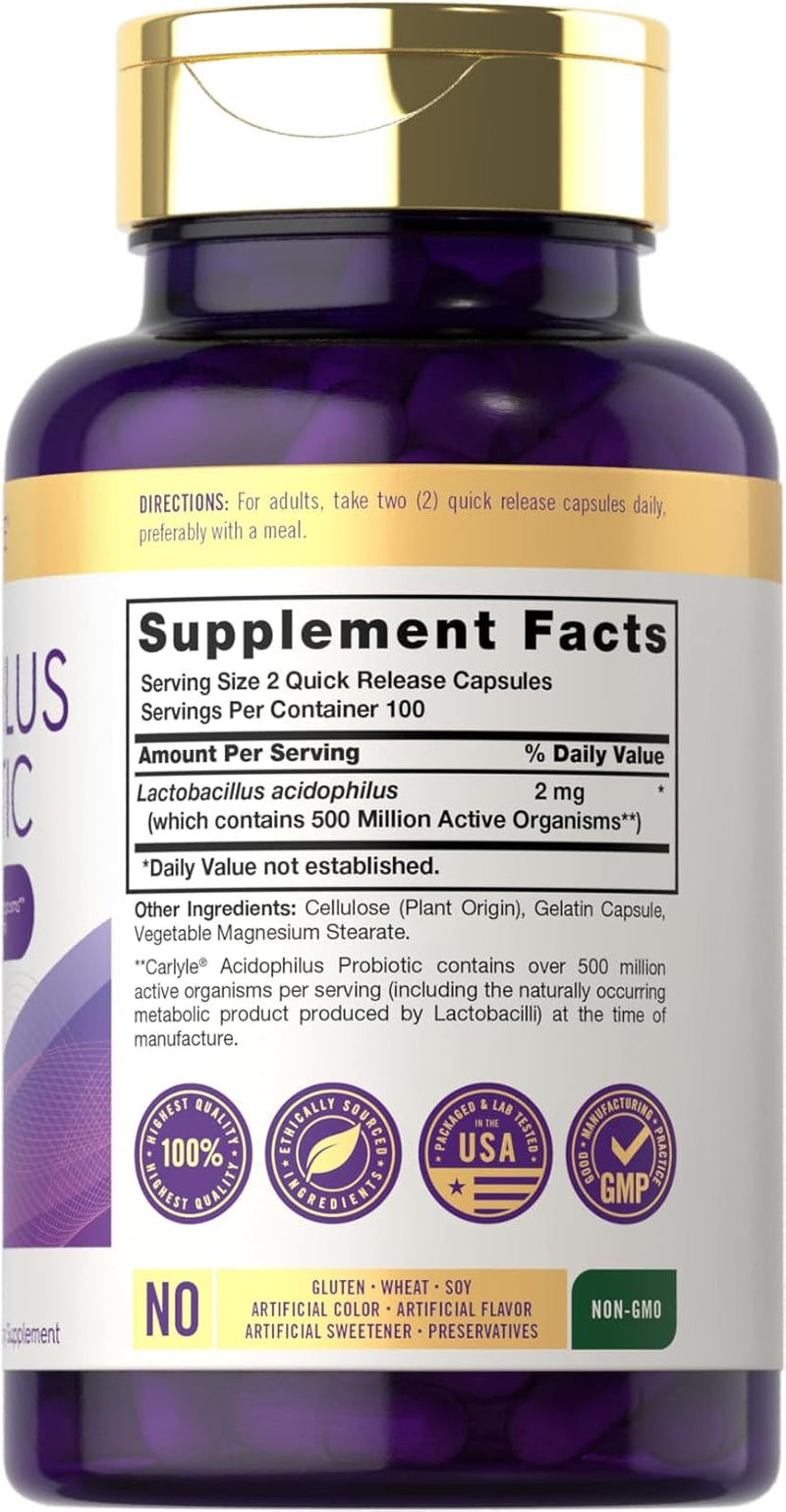 Carlyle Acidophilus Probiotic Capsules for Women and Men | 500 Million CFU | 200 Pills | Lactobacillus Supplement | Non-Gmo and Gluten Free