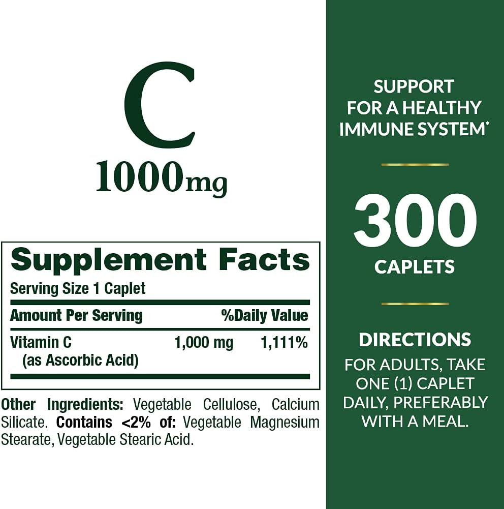 Nature'S Bounty Vitamin C 1000Mg, Supports Immune and Antioxidant Health, Vitamin C Supplement, 1 per Day, 300 Vegetarian Caplets
