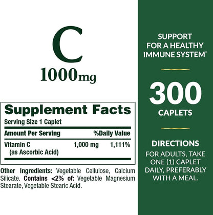 Nature'S Bounty Vitamin C 1000Mg, Supports Immune and Antioxidant Health, Vitamin C Supplement, 1 per Day, 300 Vegetarian Caplets