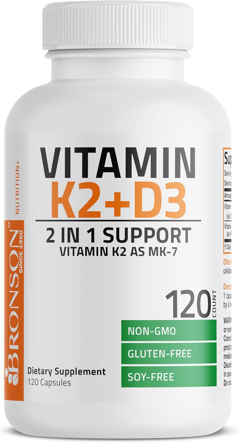 Bronson Vitamin K2 (MK7) with D3 Supplement Non-Gmo Formula 5000 IU Vitamin D3 & 90 Mcg K2 MK-7 Easy to Swallow D & K Complex, 120 Capsules