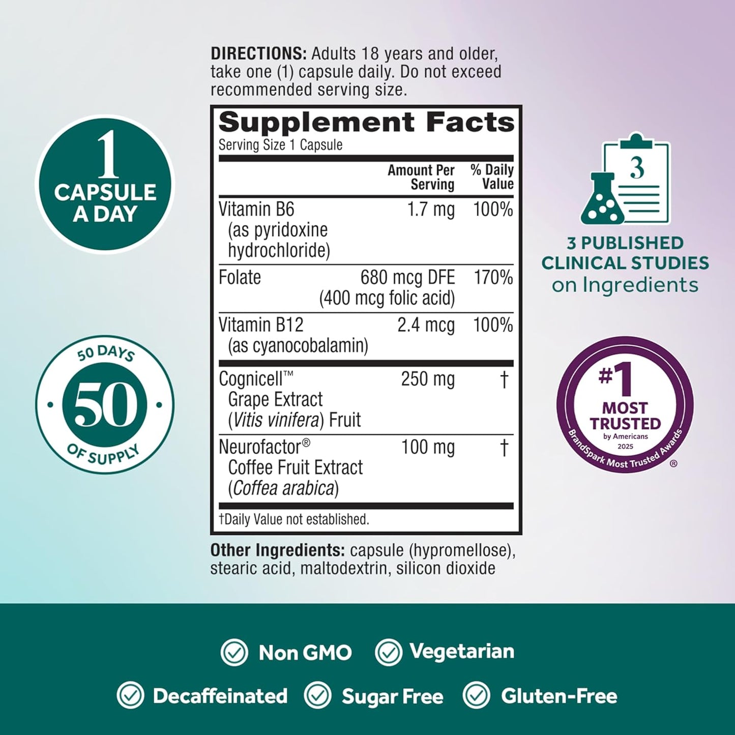 NEURIVA Memory 3D Brain Supplement - Decaffeinated Nootropic Capsules for Memory, Focus, & Cognitive Function - Short Term, Long Term, & Working Memory Support - 50Ct