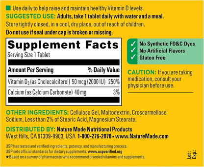Nature Made Vitamin D3 2000 IU (50 Mcg), Vitamin D Supplement for Bone, Teeth, Muscle and Immune Health Support, 220 Tablets, 220 Day Supply