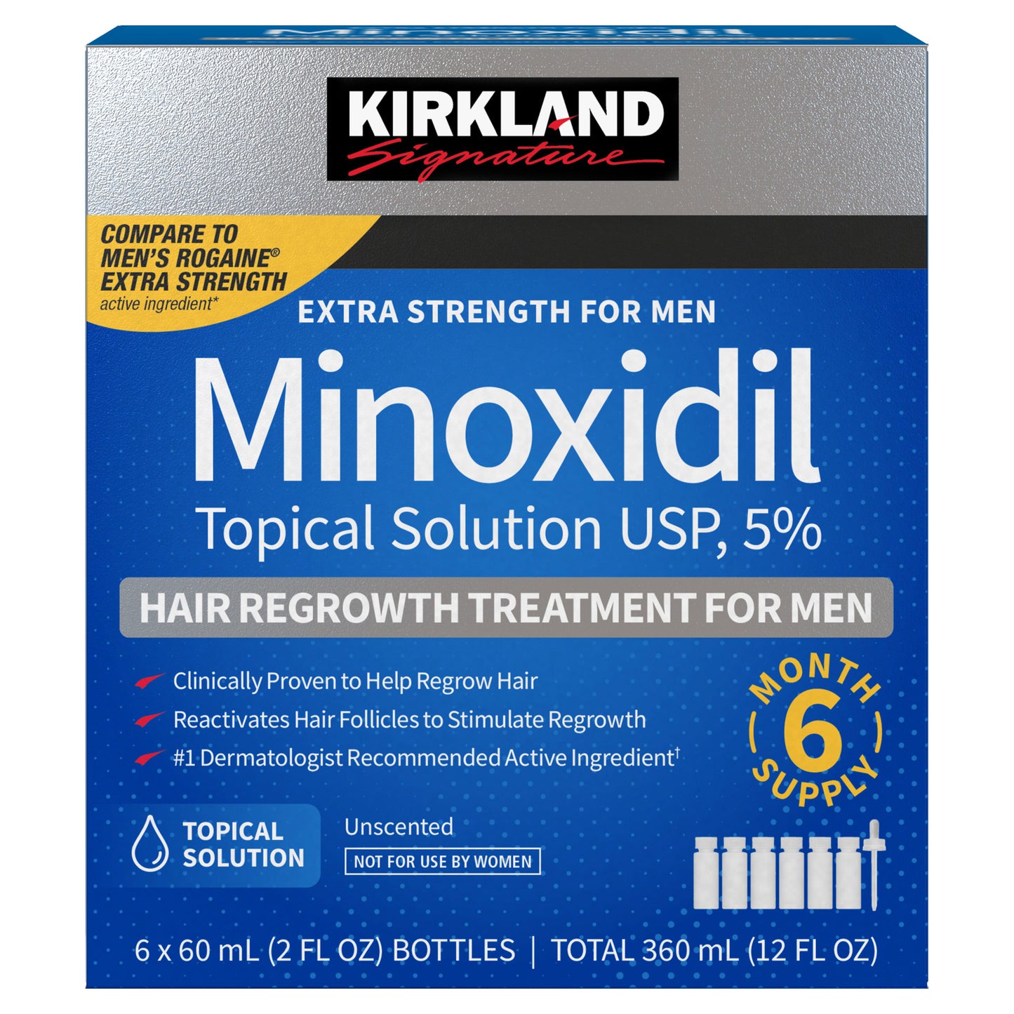 Kirkland Signature Hair Regrowth Treatment Extra Strength for Men, 5% Minoxidil Topical Solution, 2 Fl Oz, 6-Pack