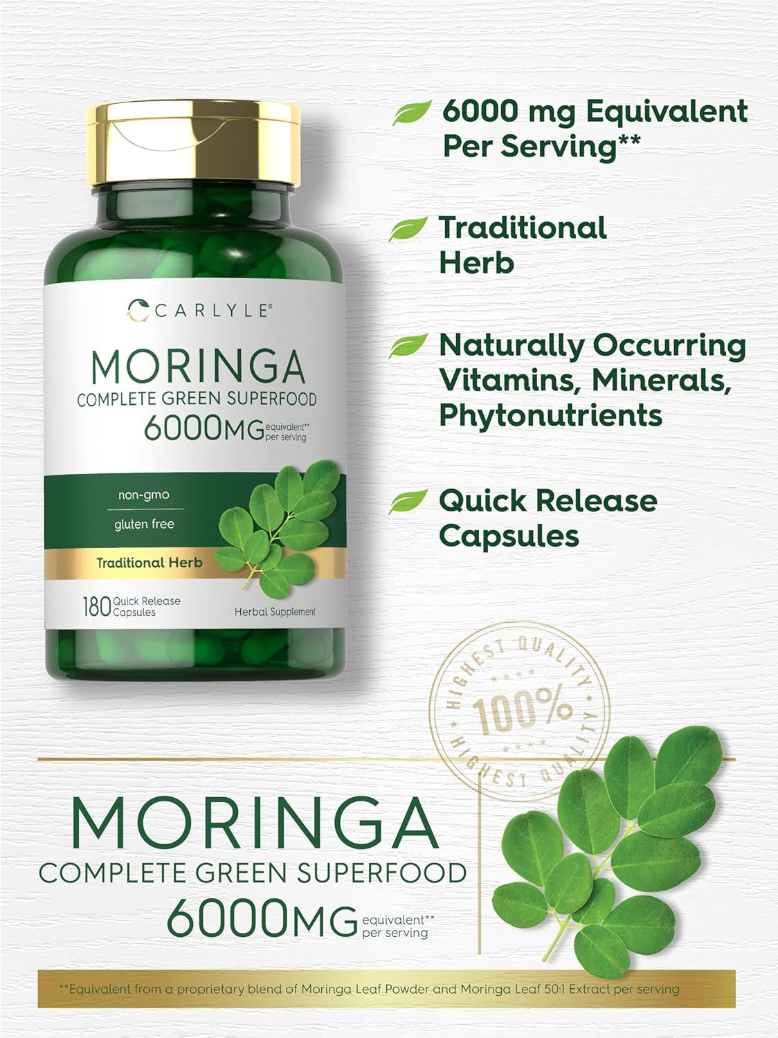 Carlyle Moringa Oleifera | 180 Capsules | Non-Gmo and Gluten Free Supplement | Complete Green Superfood | from Moringa Leaf Powder