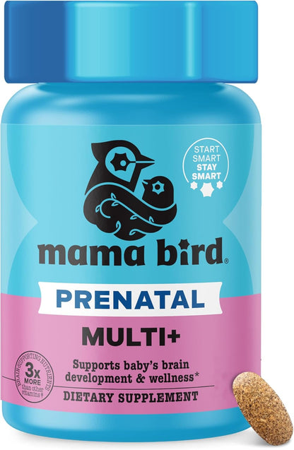 Mama Bird - Prenatal Multi+ (30 Servings) Prenatal Vitamins for Women - 30+ Essential Nutrients, Baby Brain Health - L-Methylfolate & Probiotics, Methylated Multivitamin - Vegan, Gluten Free, Non GMO