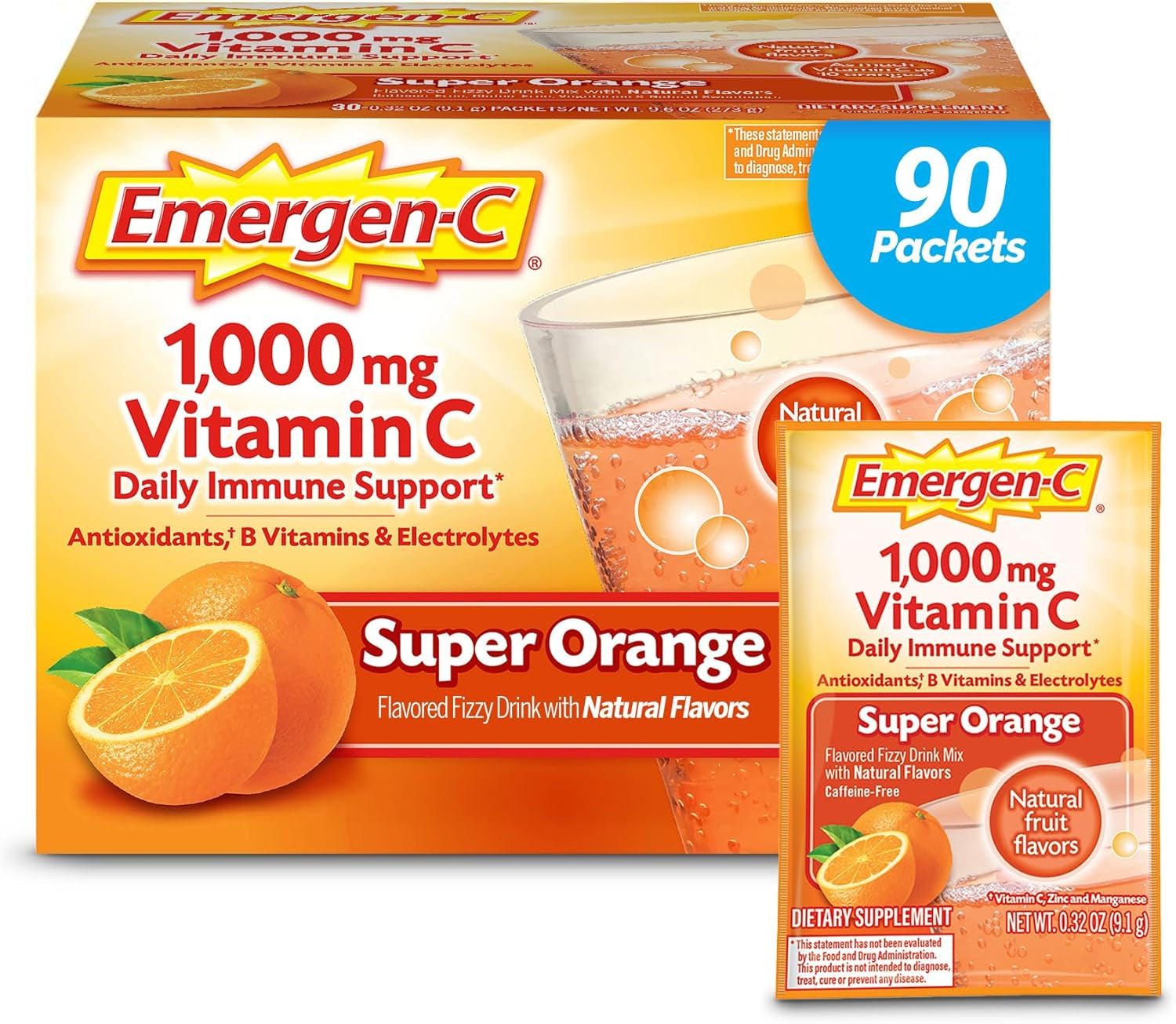 Emergen-C 1000Mg Vitamin C Powder for Daily Immune Support Caffeine Free Vitamin C Supplements with Zinc and Manganese, B Vitamins and Electrolytes, Super Orange Flavor - 90 Count/3 Month Supply