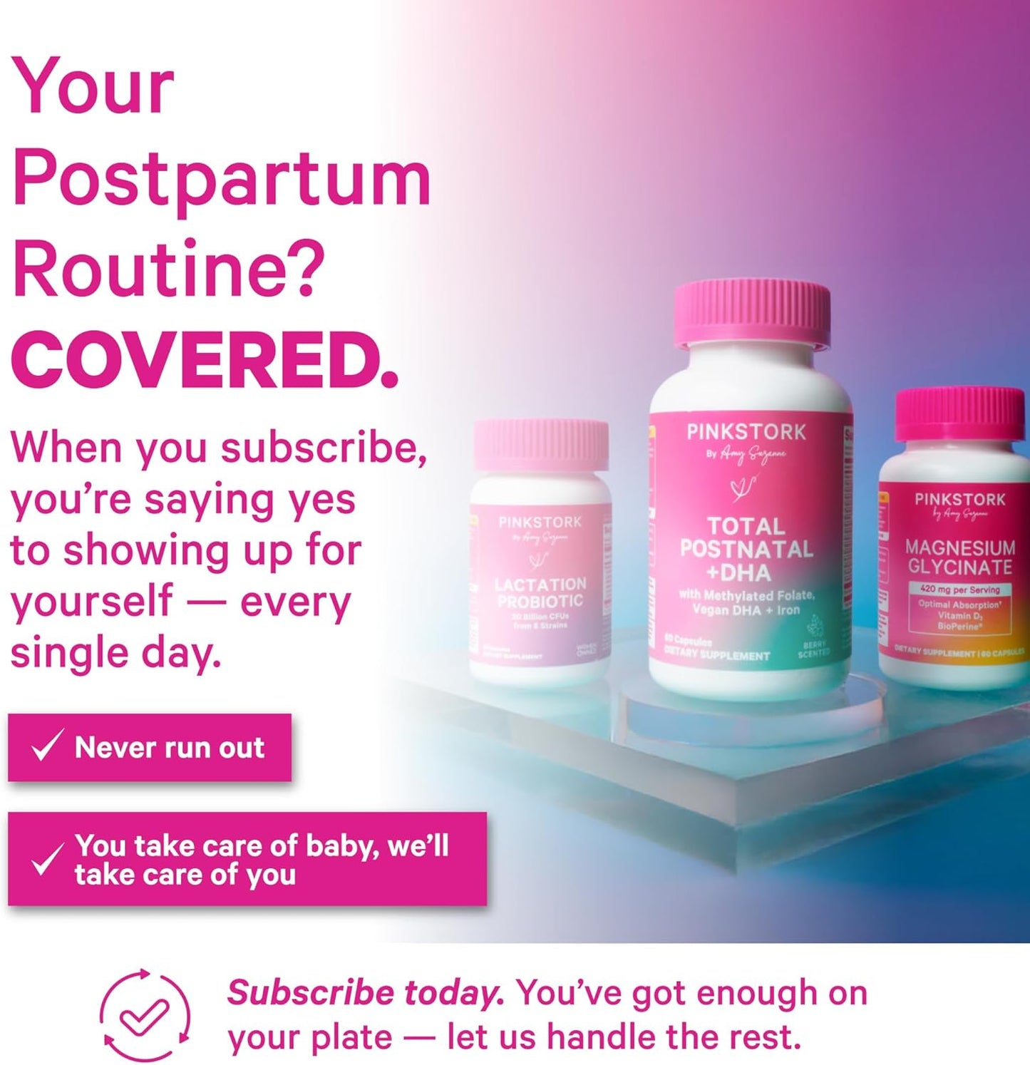 Pink Stork Total Postnatal Vitamins for Women with Vegan DHA, Iron, Folate, and Vitamin B12, Postpartum Recovery Essentials, Daily Supplement for Breastfeeding Moms - 1 Month Supply
