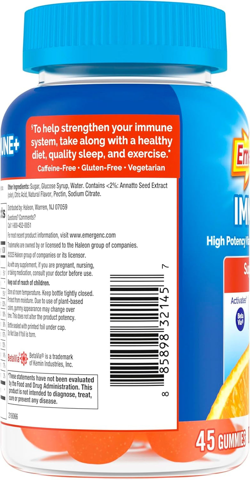Emergen-C Immune+ Triple Action Immune Support Gummies, Betavia (R), 1000Mg Vitamin C, B Vitamins, Vitamin D and Antioxidants, Super Orange, Back to School Essentials - 45 Count