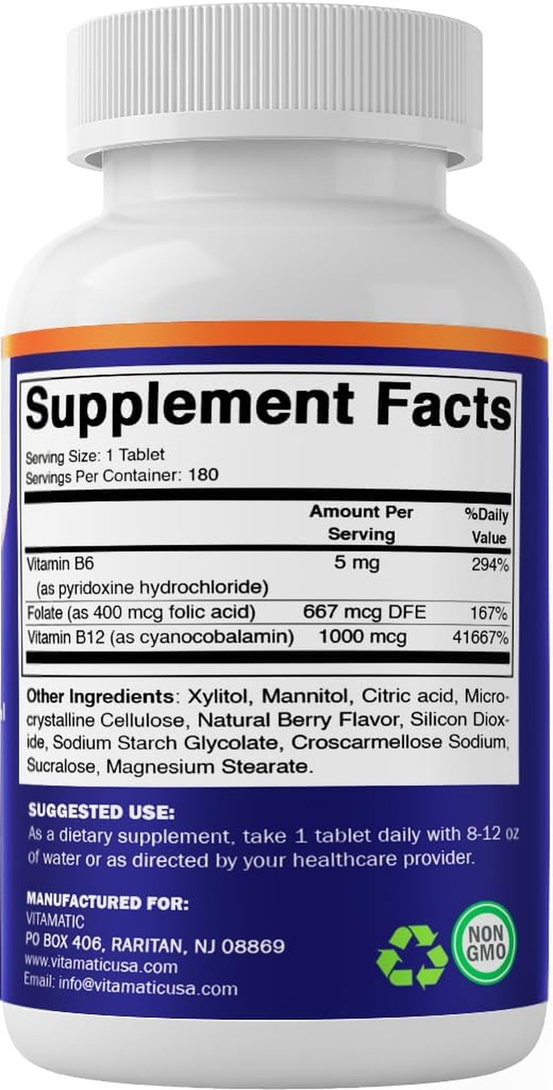 Vitamatic Folic Acid, Vitamin B12 & B6 – 180 Fast Dissolve Tablets Heart Health, Energy Production & Red Blood Cell Support