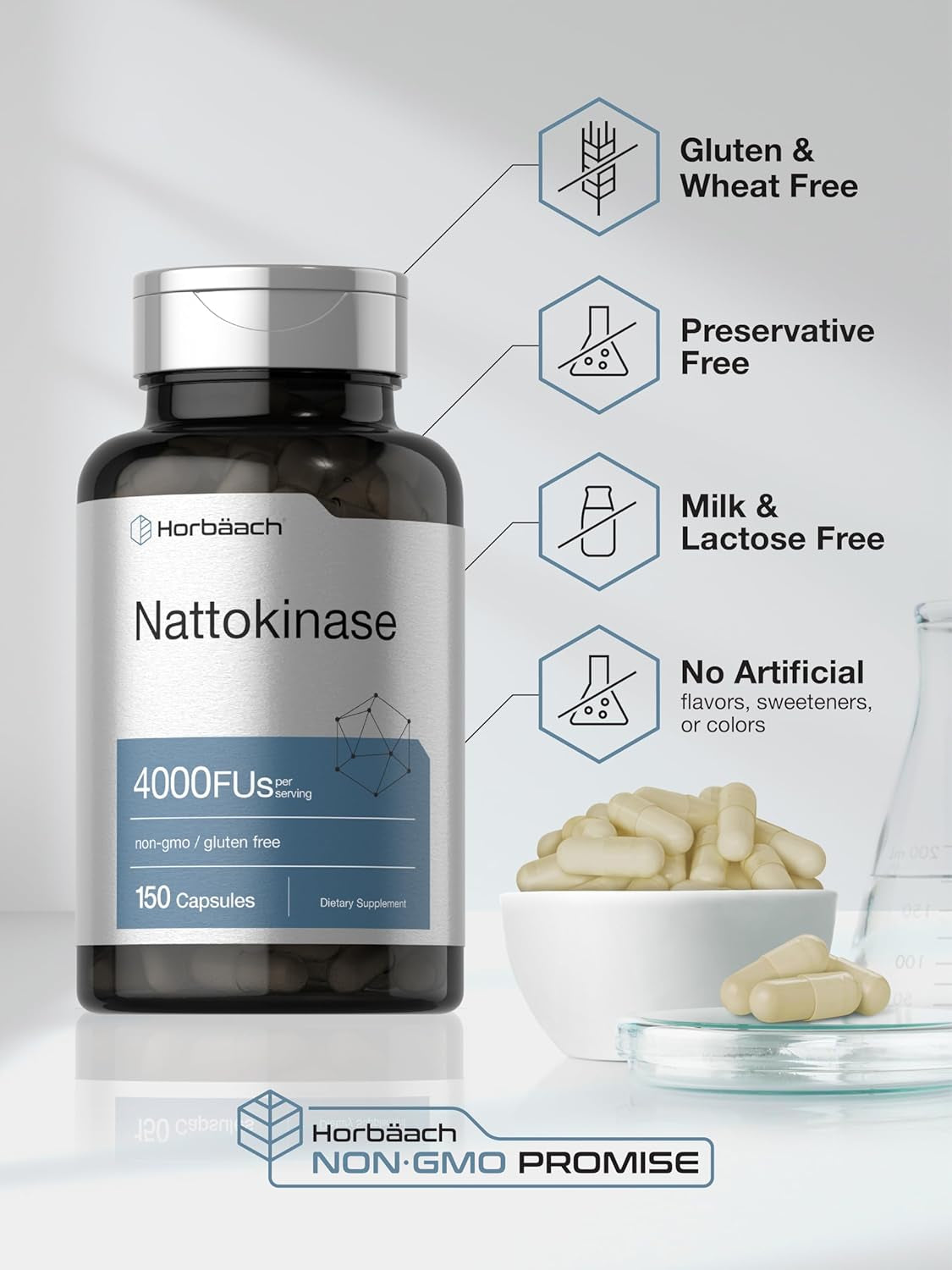 Horbäach Nattokinase Supplement 4000 FU | 150 Capsules | Non-Gmo, Gluten Free