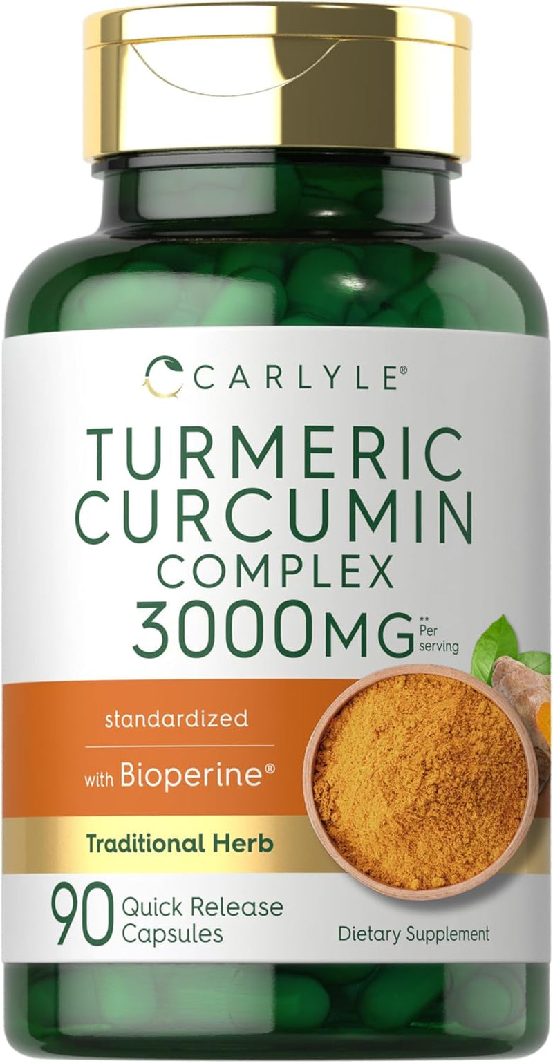 Carlyle Turmeric Curcumin Supplement with Black Pepper | 3000Mg | 90 Capsules | Complex Extract with Bioperine | Non-Gmo, Gluten Free