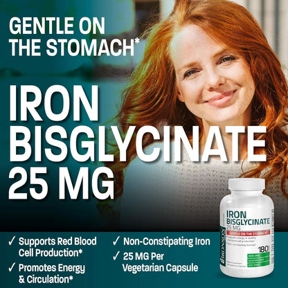 Bronson Iron Bisglycinate 25 Mg Gentle on the Stomach, Supports Energy & Healthy Red Blood Cell Production - Non-Constipating Formula - Non GMO, 90 Vegetarian Capsules
