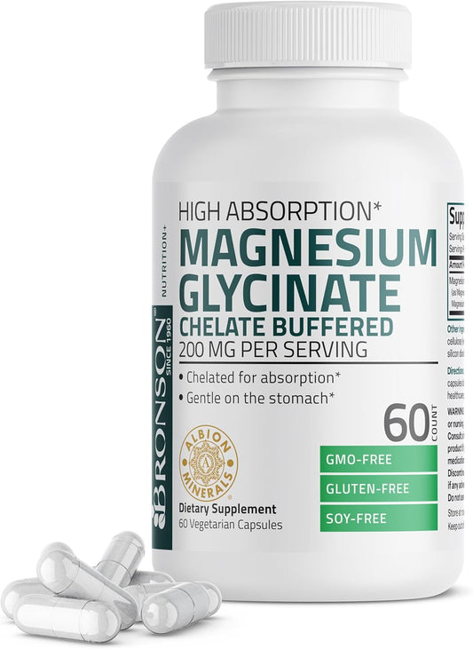 Bronson Magnesium Glycinate 200 MG per Serving Chelated for High Absorption, Gentle on Stomach, Non-Gmo, 60 Vegetarian Capsules