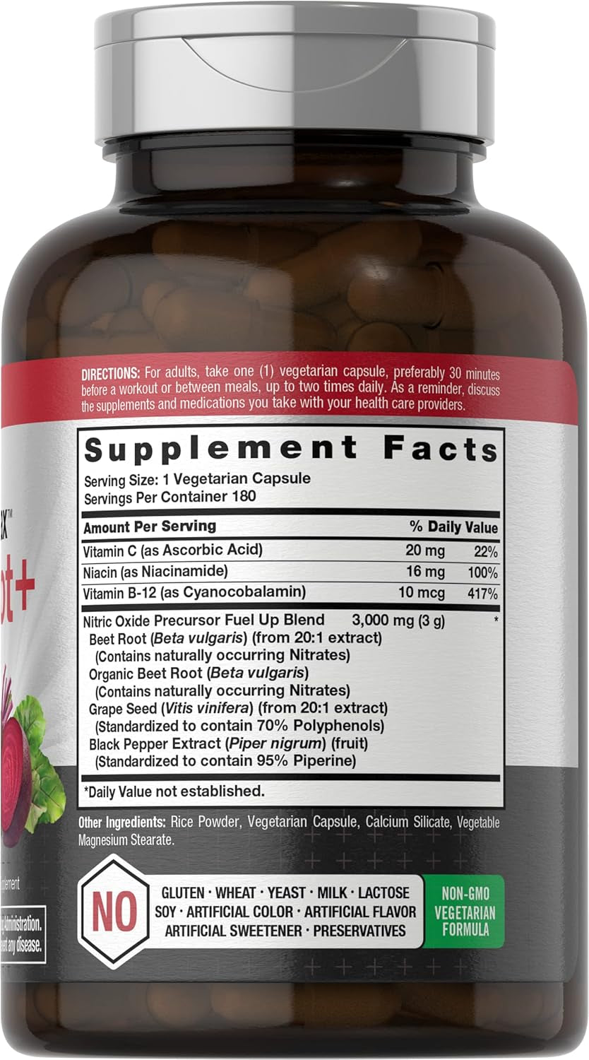 Horbäach Nitric Oxide Beet Root Capsules | 180 Count | with Nitrates and Precursor | for Men and Women | Vegetarian, Non-Gmo, Gluten Free Supplement