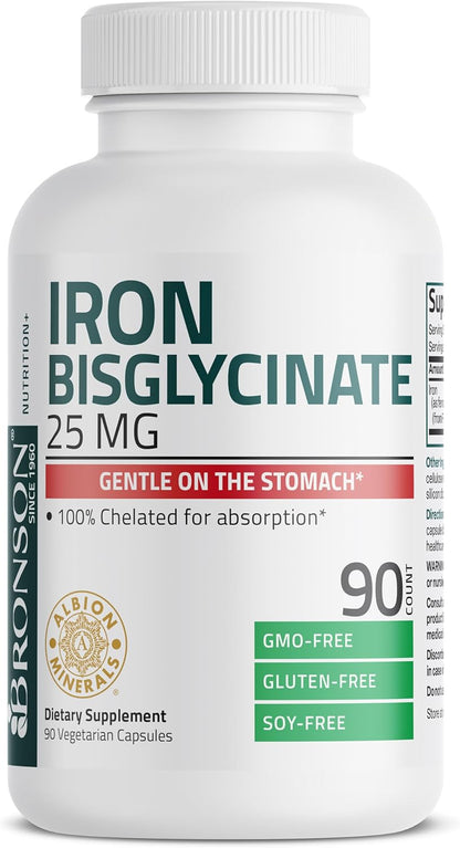 Bronson Iron Bisglycinate 25 Mg Gentle on the Stomach, Supports Energy & Healthy Red Blood Cell Production - Non-Constipating Formula - Non GMO, 90 Vegetarian Capsules