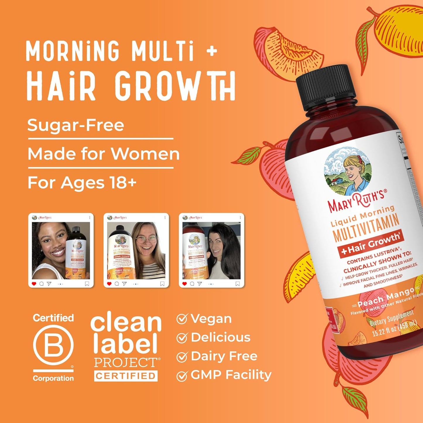 Maryruth Organics Liquid Multivitamin+Hair Growth | Biotin 10000Mcg | Lustriva Hair Growth Supplement | Clinically Tested in Women for Thicker Hair&Facial Wrinkle | Skin Care | Ages 18+ | 15.22 Fl Oz