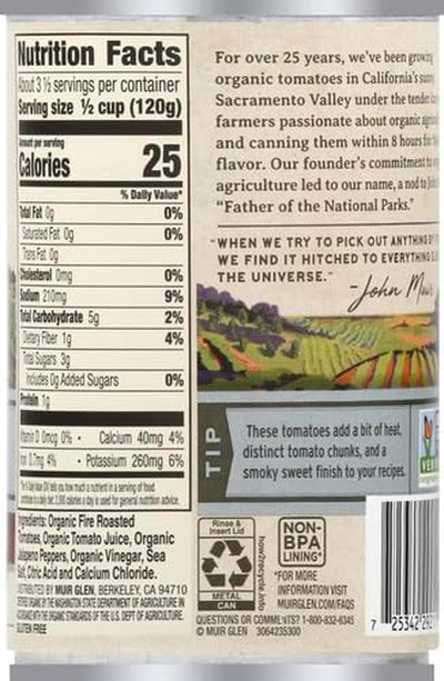 Muir Glen Organic Diced Fire Roasted Canned Tomatoes, with Medium Green Chilies, 14.5 Oz.