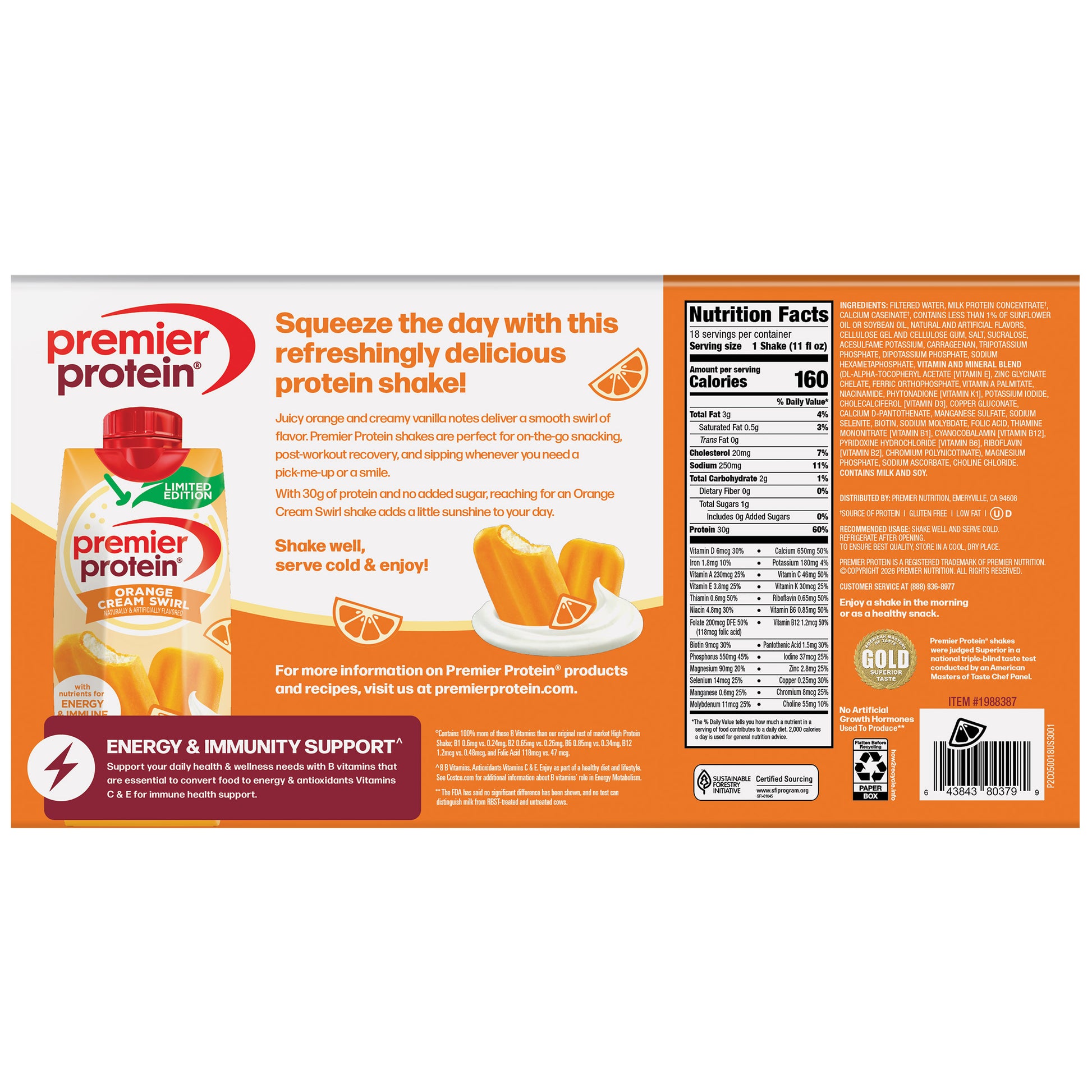 Premier 30G Protein plus Energy and Immune Support Shakes, Orange Cream Swirl, 11 Fl Oz, 18-Pack