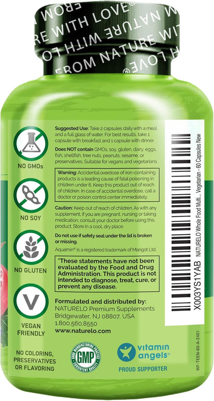 NATURELO Multivitamins for Teenage Girls/Boys, 60 Capsules, Whole Food Multivitamin with Minerals, Non-Gmo, Vegetarian