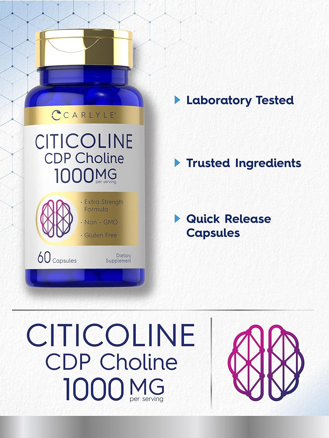 Carlyle Citicoline CDP Choline 1000Mg | 60 Capsules | Extra Strength Formula | Non-Gmo, Gluten Free Supplement