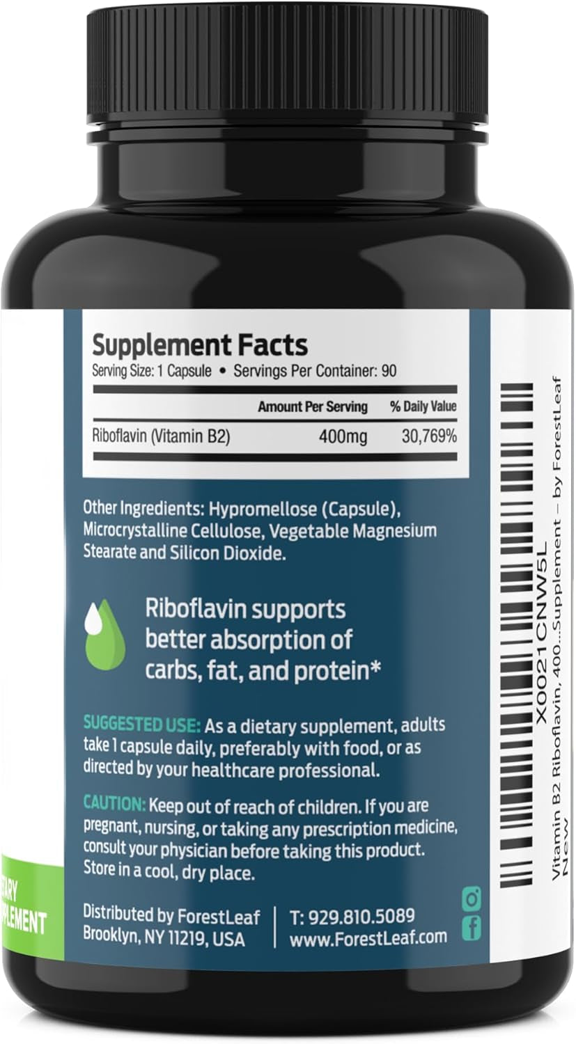 Forestleaf Vitamin B2 Riboflavin 400Mg - Energy, Skin & Cellular Health Supplement - Nervous System Support - Vitamin B 2 VIT B - Non-Gmo & Gluten Free - B2 Vitamin 400Mg Vegetable Capsules, 90 Count