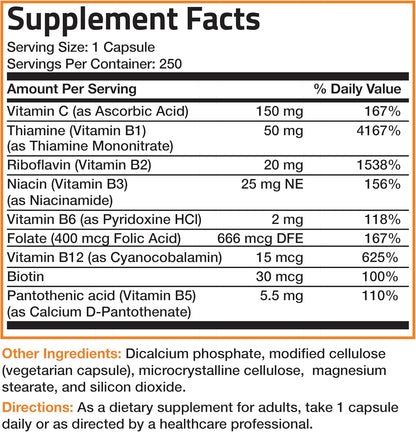 Bronson Vitamin B Complex with Vitamin C - Immune Health, Energy Support & Nervous System Support - Non-Gmo, 250 Vegetarian Capsules