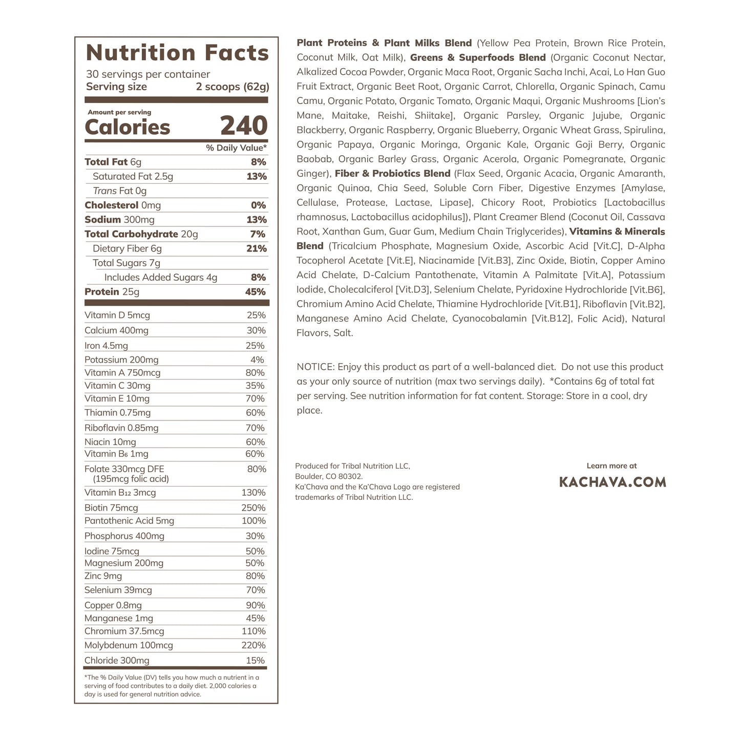 Ka'Chava All-In-One Nutrition Plant Based Shake, Chocolate, 30 Servings, 4.16 Lbs
