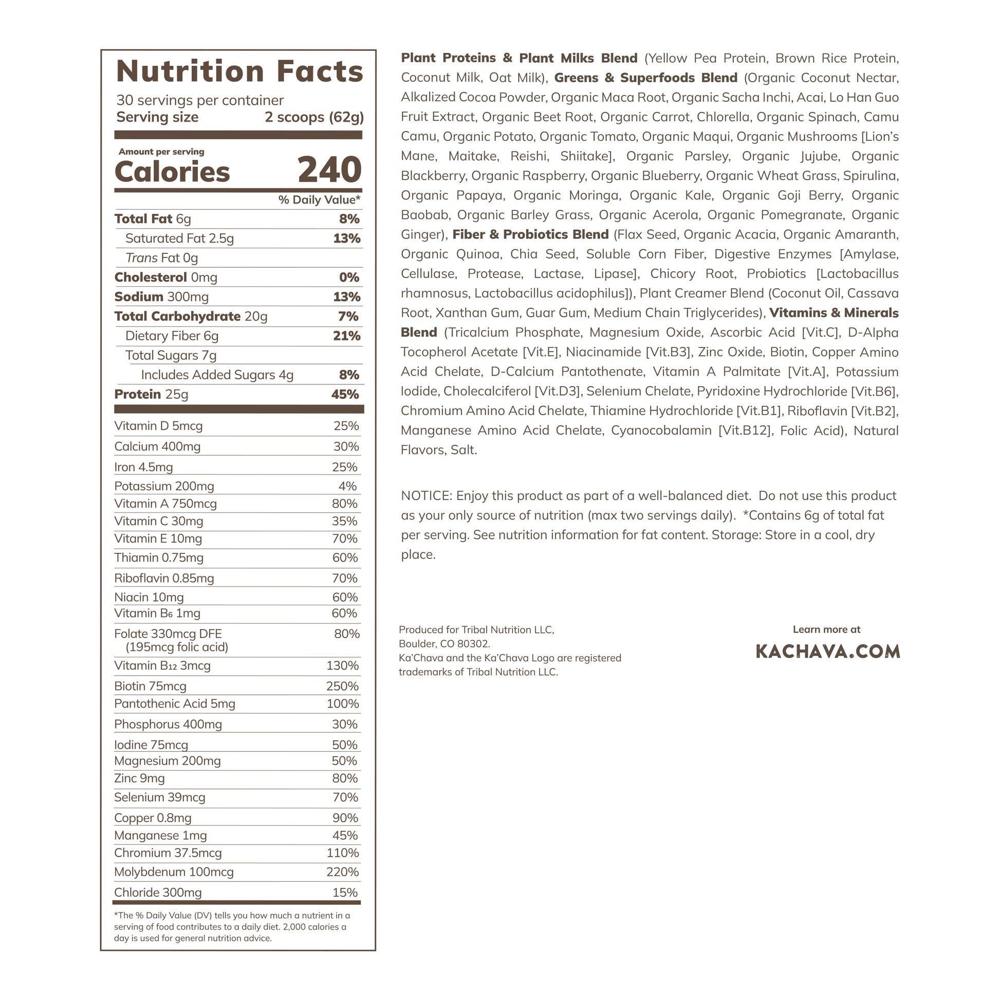 Ka'Chava All-In-One Nutrition Plant Based Shake, Chocolate, 30 Servings, 4.16 Lbs