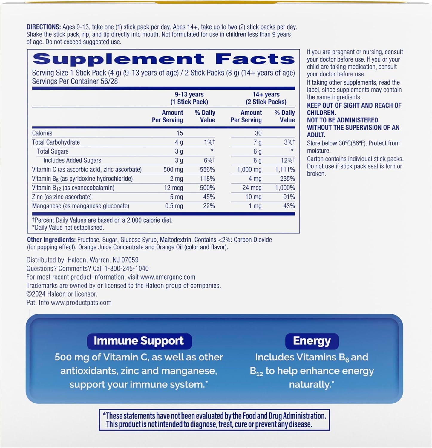 Emergen-C Crystals, On-The-Go Emergen-C Immune Support Supplement with Vitamin C, B Vitamins, Zinc and Manganese, Orange Vitality - 56 Stick Packs