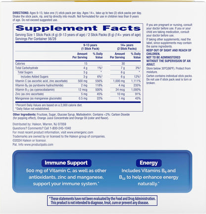 Emergen-C Crystals, On-The-Go Emergen-C Immune Support Supplement with Vitamin C, B Vitamins, Zinc and Manganese, Orange Vitality - 56 Stick Packs