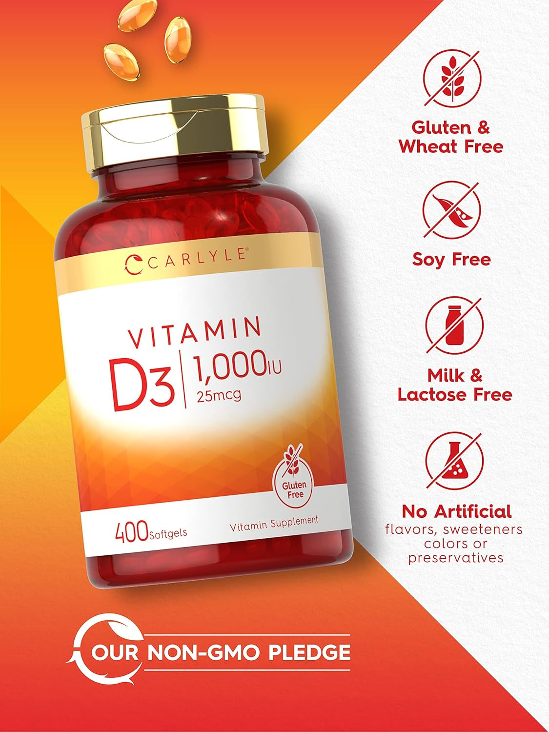 Carlyle Vitamin D3 1000IU | 25 Mcg | 400 Softgels | High  | Non-Gmo & Gluten Free Supplement