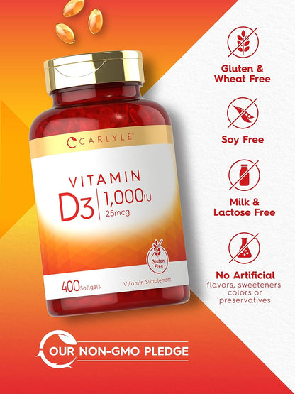 Carlyle Vitamin D3 1000IU | 25 Mcg | 400 Softgels | High  | Non-Gmo & Gluten Free Supplement