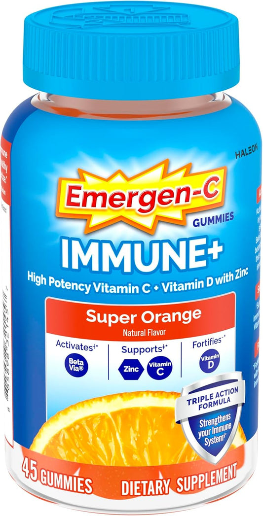 Emergen-C Immune+ Triple Action Immune Support Gummies, Betavia (R), 1000Mg Vitamin C, B Vitamins, Vitamin D and Antioxidants, Super Orange, Back to School Essentials - 45 Count