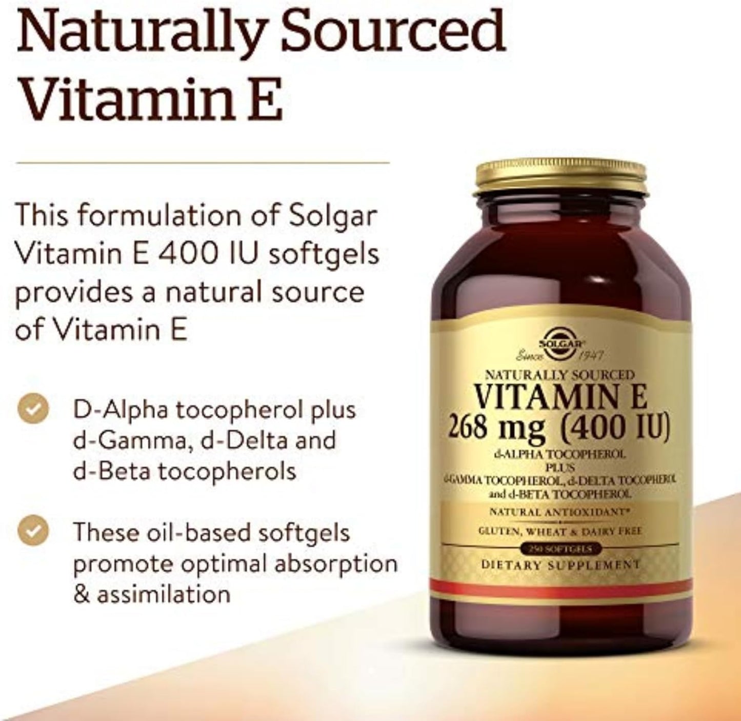 Solgar Vitamin E 268 Mg (400 IU), 250 Mixed Softgels - Natural Antioxidant, Skin & Immune System Support - Naturally-Sourced Vitamin E - Gluten Free, Dairy Free - 250 Servings