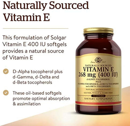 Solgar Vitamin E 268 Mg (400 IU), 250 Mixed Softgels - Natural Antioxidant, Skin & Immune System Support - Naturally-Sourced Vitamin E - Gluten Free, Dairy Free - 250 Servings